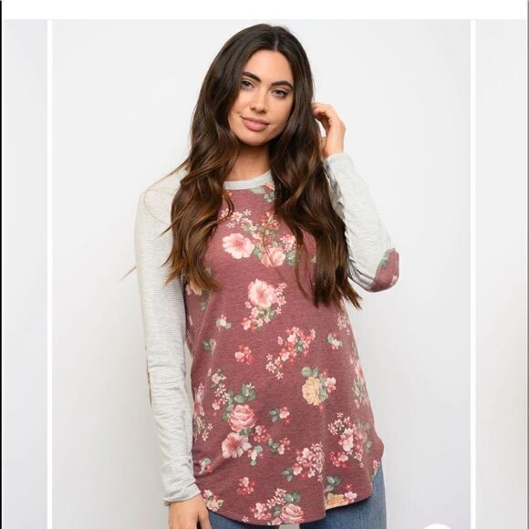 First Looks Tops - First Looks Floral Long Sleeve Top - Pink and Gray